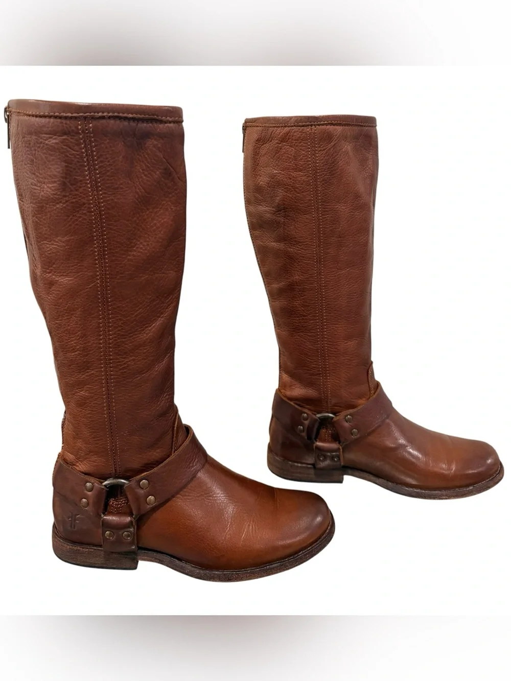 FRYE Phillip Harness Tall Leather Riding Boots Cognac Brown 5.5B Extended Calf